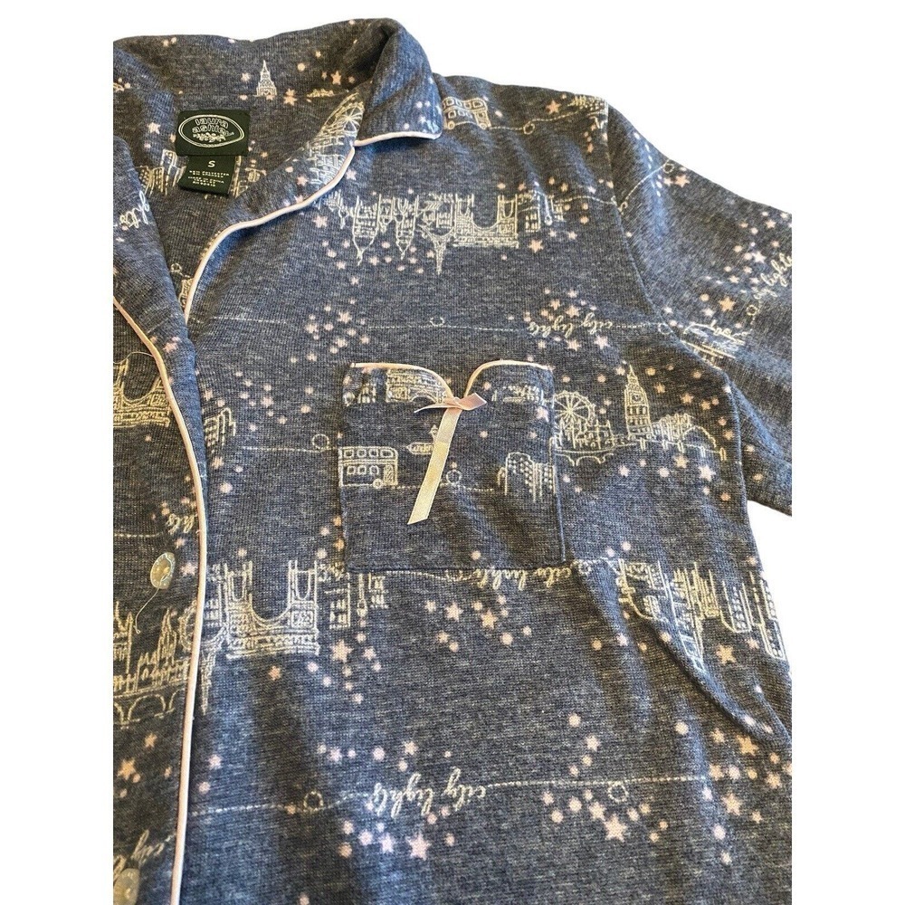 Laura Ashley Nightgown Size Small Blue Pink Trim City Lights Print Button Up - Picture 7 of 11